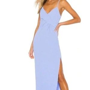 NBD Revolve Sz Medium Saanvi Periwinkle Blue Gown Maxi Dress Side Slit V Neck